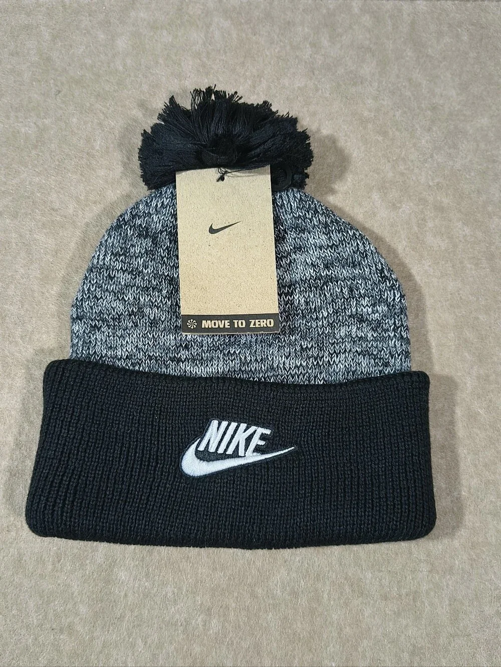 Nike Youth Big Kids Black & Gray Pom Knit Winter Beanie Hat -G